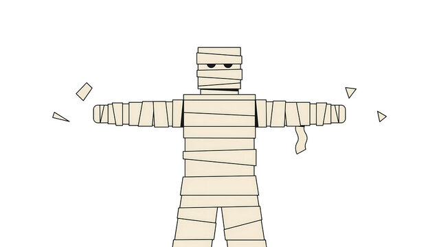 Minimalist Egyptian mummy character illustration, spooky Halloween monster figure, ancient undead creature with bandage texture on white background