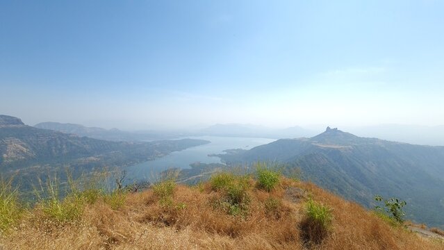 Morbe Reservoir and Western Ghats landscape view from hilltop Maharashtra India