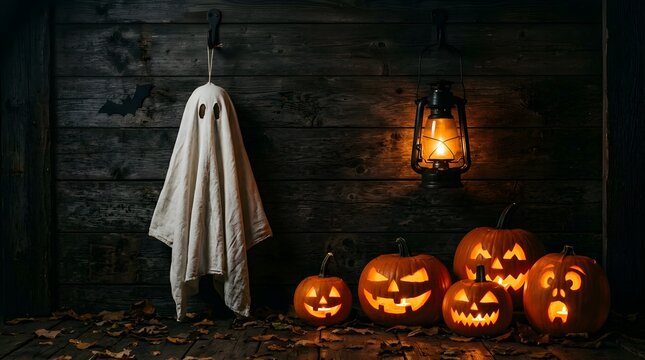 A spooky white ghost hanging against a dark rustic brick wall with illuminated carved jack o lanterns and vintage oil lantern