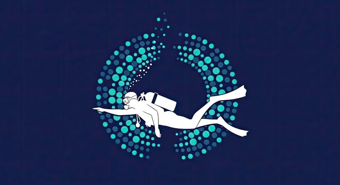 Scuba diver swimming through circular blue bubble patterns.