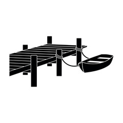Fototapeta premium Wooden Dock with Rowboat Tied to Post.