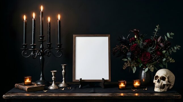 A gothic styled mockup featuring a blank picture frame surrounded by candles and a human skull on a dark table surface
