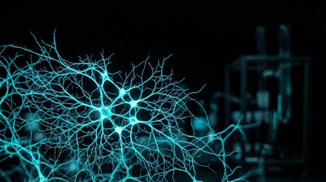 Bioluminescent cyan mycelium network structure engineered in a dark biotechnology lab