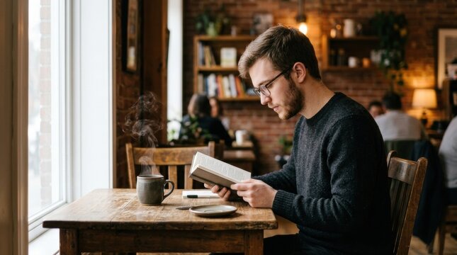 Young man reading a book alone in a cozy coffee shop