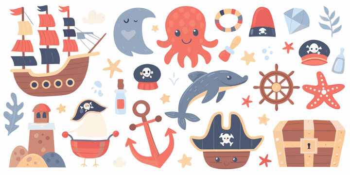 Nautical Illustration Collection With Ship Octopus And Pirate Elements