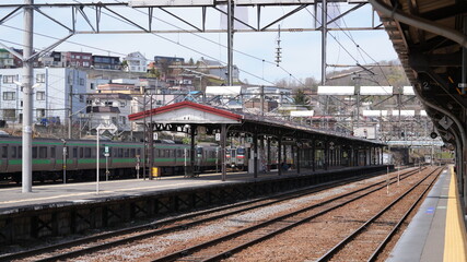Fototapeta premium The railway station and platfrom view in the little town of the Japan