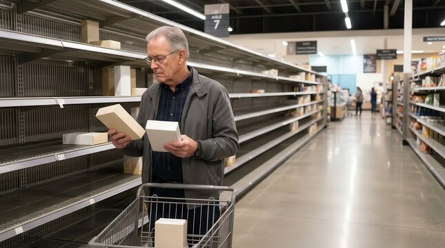 Man shopping in a grocery store aisle with empty shelves, examining products while pushing a shopping cart during the day