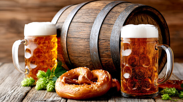 Oktoberfest beer mugs with pretzel hops and wooden barrel on rustic table