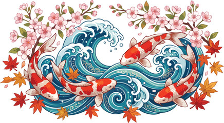 Naklejka premium Vibrant Japanese koi fish swimming gracefully through stylized waves with cherry blossoms and autumn leaves