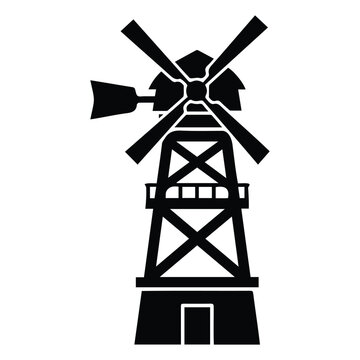 Old farm windmill silhouette for agriculture energy vector illustration retro field design.