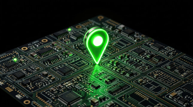 Smart urban development technology circuit location map navigation electronic digital green pinpoint chip data innovation futuristic system