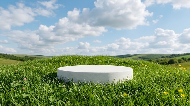 A white circular product display podium sitting in the middle of a lush green meadow under a bright blue sky