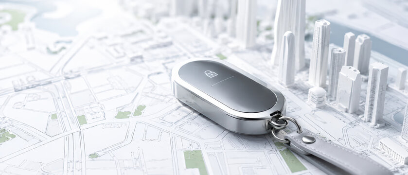 Smart urban development concept with car key on city map showing smart cities planning and innovation