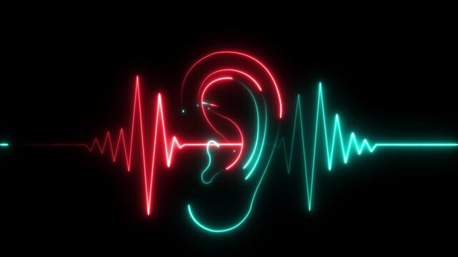 Glowing neon Ear Sound Wave icon isolated. Ear With Sound Wave icon animation on Black Background. 4k video