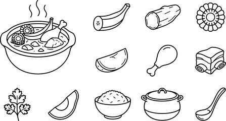 Latin American Sancocho Stew Cooking Ingredients Vector Elements Set Featuring Steaming Soup Bowl Plantain Yucca Corn Potato Chicken Rice Avocado Pot Ladle Cilantro Line Art © Md Shujan islam