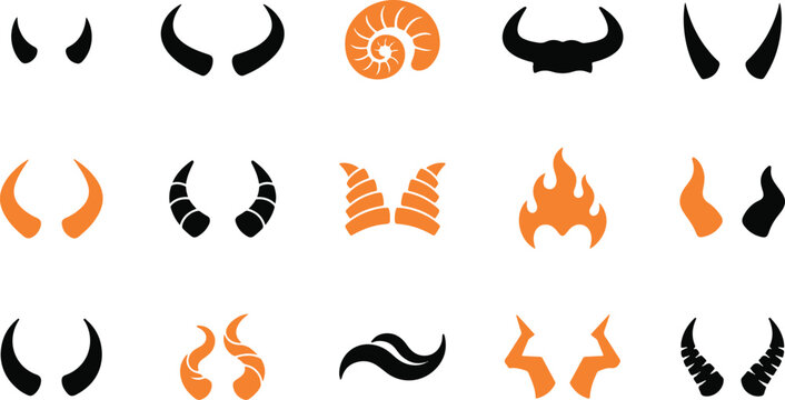 Devil horns vector icon set, 15 black and orange demon horn silhouettes, evil animal antler and ram horn collection for halloween