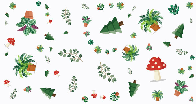 Whimsical forest scene with vibrant greenery mushrooms and tiny red berries perfect for nature or outdoor themed projects
