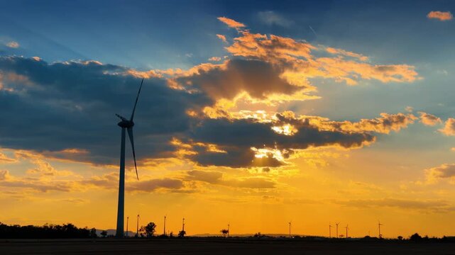 Wind turbine silhouette against dramatic sunset clouds. Sun rays break through dark cloud formations behind a tall power generator tower.