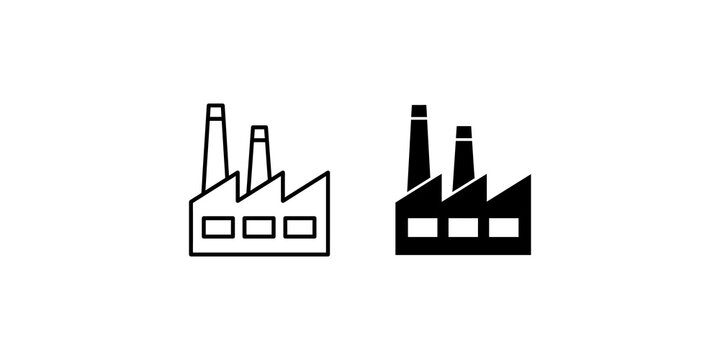 Set of two industrial factory icons representing manufacturing and production facilities isolated on a clean white background with transparency