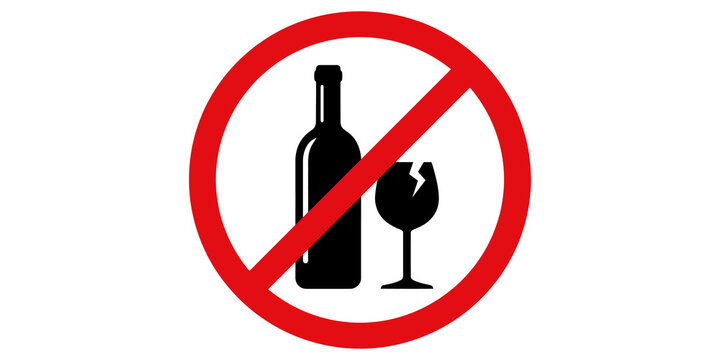 Prohibited alcohol symbol with a bottle and broken glass icon on a white isolated transparent background for signs and safety warnings