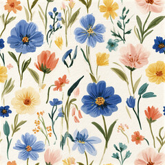 Obraz premium Seamless Scandinavian inspired floral pattern with blue, yellow, and pink flowers white