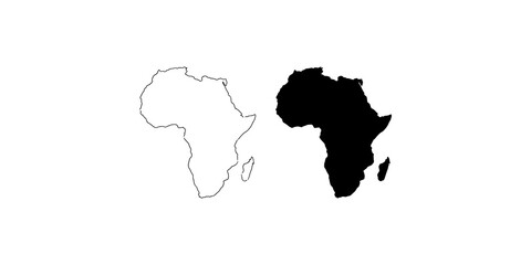 Minimalist continent of Africa map outline and silhouette icons set isolated on a clean white transparent background for professional design use