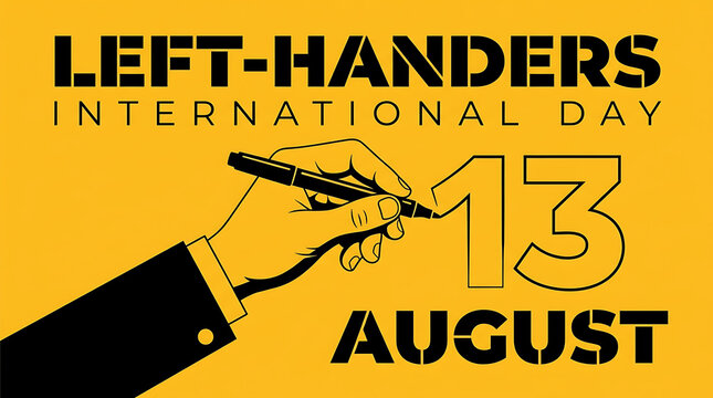International left-handers day poster design featuring hand holding pen on august 13 background