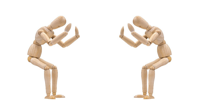 mannequin is arranged in a dynamic crouching or pushing/resisting gesture, utilizing bent knees and raised palms to convey effort against a surface or weight