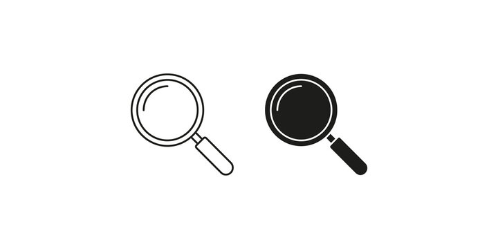 Minimalist vector illustration of magnifying glass search icons in outline and solid styles isolated on a clean white transparent background