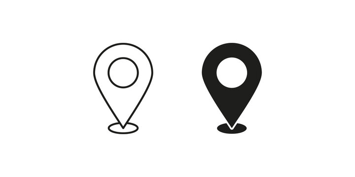 Set of two location pin icons with outline and solid styles isolated on a transparent background for digital map navigation and geo tagging usage