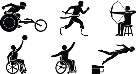 Para Sports Vector Icon Set Featuring Wheelchair Racing Running Archery Basketball and Swimming Disciplines for Adaptive Athlete Graphic Designs © MD