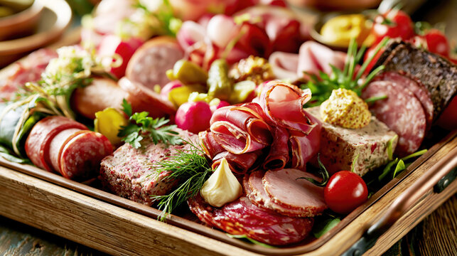  Polish Cold Meats Platter on Wooden Board - AI Generative