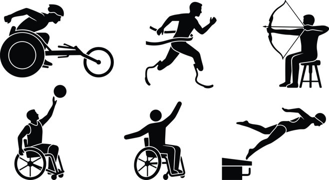 Para Sports Vector Icon Set Featuring Wheelchair Racing Running Archery Basketball and Swimming Disciplines for Adaptive Athlete Graphic Designs