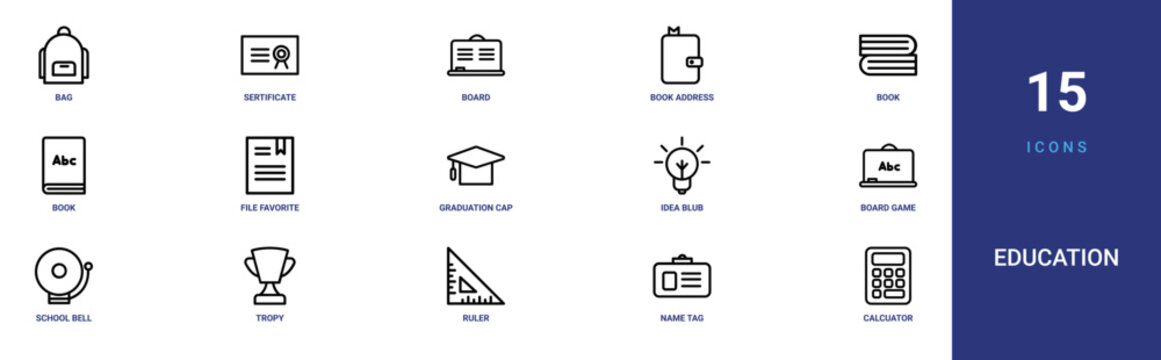 Set of 15 outline web Education icons such as calcuator, name tag, ruler, tropy, school bell, board game, idea blub vector icons for report, presentation, diagram, web design, mobile app