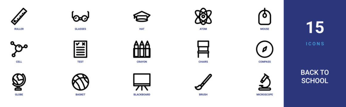 Set of 15 outline web Back to School icons such as microscope, brush, blackboard, basket, globe, compass, chairs vector icons for report, presentation, diagram, web design, mobile app