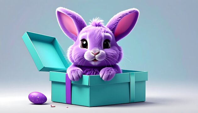 Cute purple Easter bunny peeking out of a teal gift box with a bow, Easter egg nearby, festive and playful mood