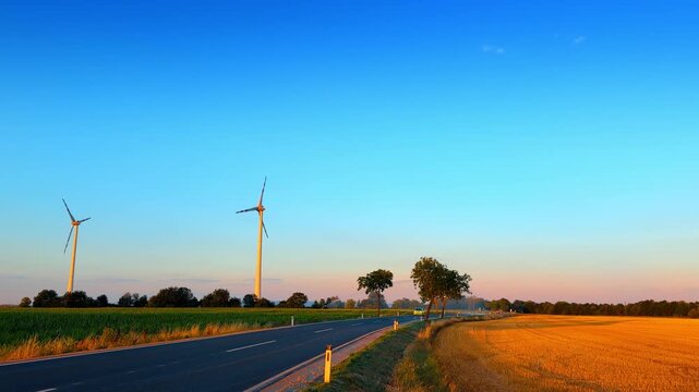 Asphalt road alongside golden field and wind turbines. Paved highway stretches past yellow farmland toward tall white power generators under clear sky.