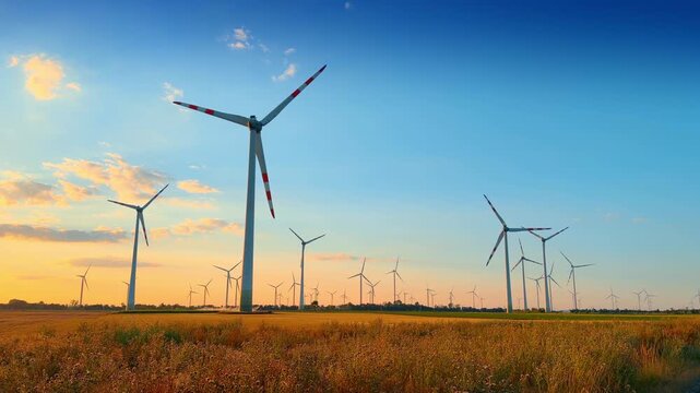 Wind power generators in field with dry vegetation at sunset. Foreground wildflowers, tall white turbines, golden sunset glow, light blue sky, evening landscape.