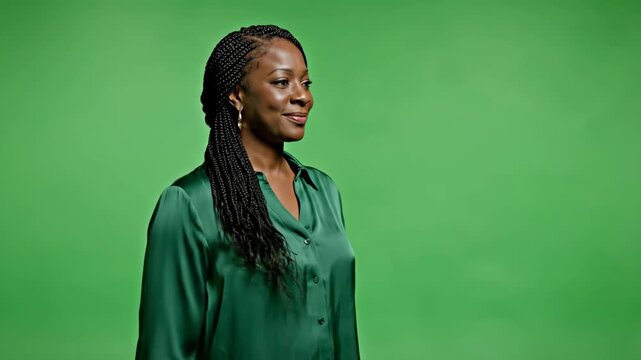 Confident Black woman with braided hair wearing a green silk blouse posing against a solid green background