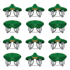 Obraz premium Repetitive pattern of green bicycle saddles with orange accents and chrome springs, pixel art style, isolated on white