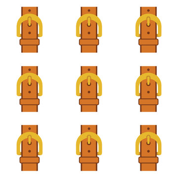 Repeating pattern of isolated brown leather watch straps with golden buckles on a white background, fashion accessory elements