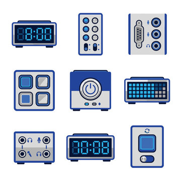 Pixelated collection of digital interface icons, including clocks, buttons, and ports, in blue and gray tones, ideal for tech websites or game design
