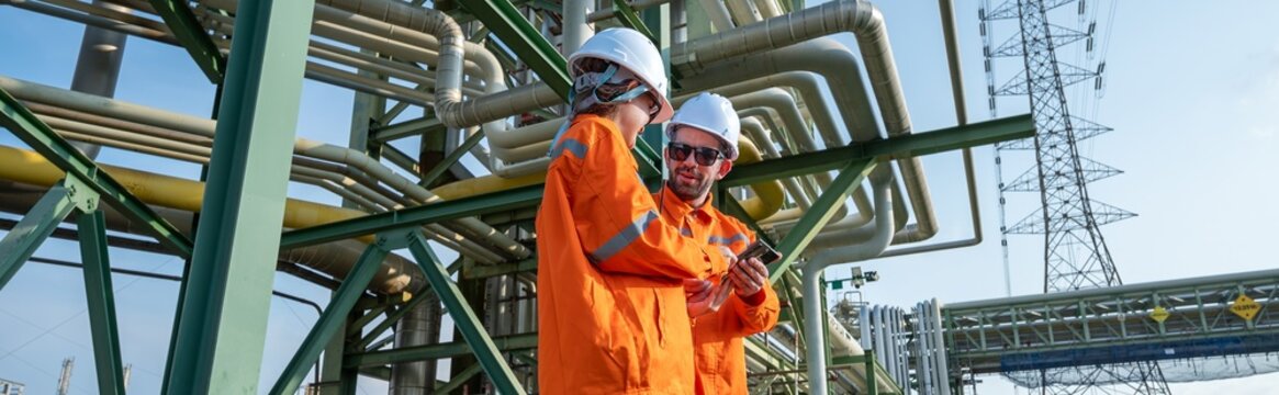 Industrial workers team discussing petroleum engineering in oil refinery project collaboration at fuel industry Male and female petrol worker talk with mobile for work near pipeline site
