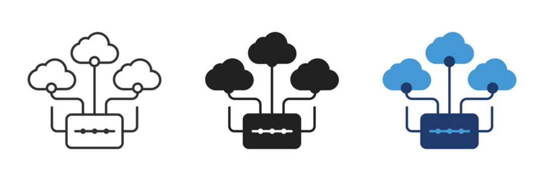 Cloud computing network icon set, cloud server database connection symbol, multi cloud storage vector illustration