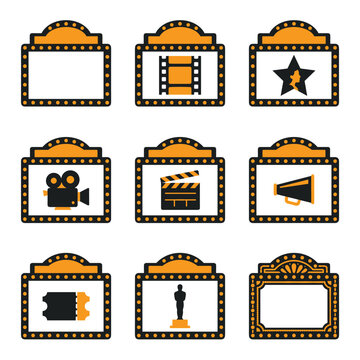 Set of 9 pixel art movie theater marquee icons including film reel, star, camera, clapperboard, megaphone, tickets, statue, and empty frames