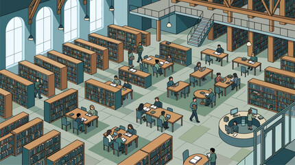Diverse Students Studying and Researching in Large Public Library Interior with Bookshelves and Desks, Academic Learning Environment © Zayn coy