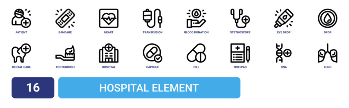 Set of 16 outline web Hospital Element icons such as lung, dna, notepad, pill, capsule, hospital, toothbrush vector icons for report, presentation, diagram, web design, mobile app