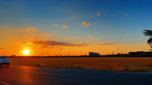 White car driving on road along field during sunset. Asphalt road, orange sun on horizon, yellow field, distant wind turbines, blue sky, evening light.