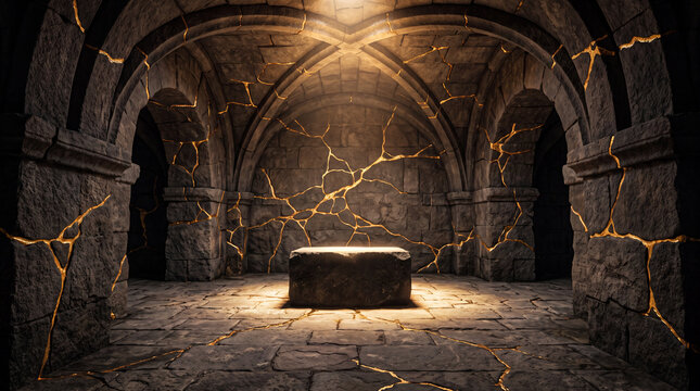 Glowing Kintsugi Golden Veins on Dark Stone Interior Representing Resilience and Healing