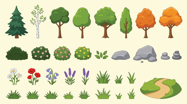 Vector set of various flat cartoon trees, bushes, flowers, stones and grass elements for landscape design